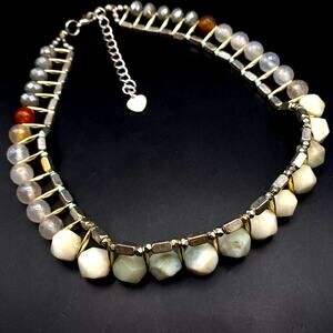 RARE NAKAMOL Labradorite Rose Quartz Jadeite Layered Beaded Choker Necklace 14"